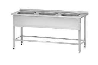 Ванна моечная цельнотянутая ВМЦн - 1800x600x860 Norma Zn, 3 м/о 500x400x250, борт, 2 отв. д/смесит., экран (ножка угловая)