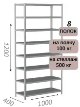 Стеллаж металлический полочный МС-500 1200х1000х400, 8 полок, светло-серый