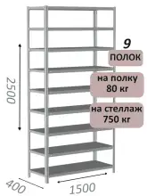 Стеллаж металлический полочный МС-750 2500х1500х400, 9 полок, светло-серый