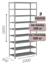 Стеллаж MS Standart 160х100х30, 9 полок, серый